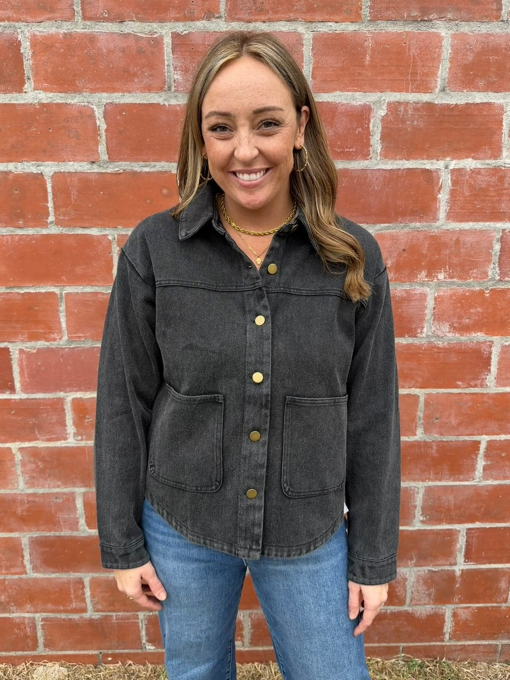 Black Denim Shacket with Gold Buttons
