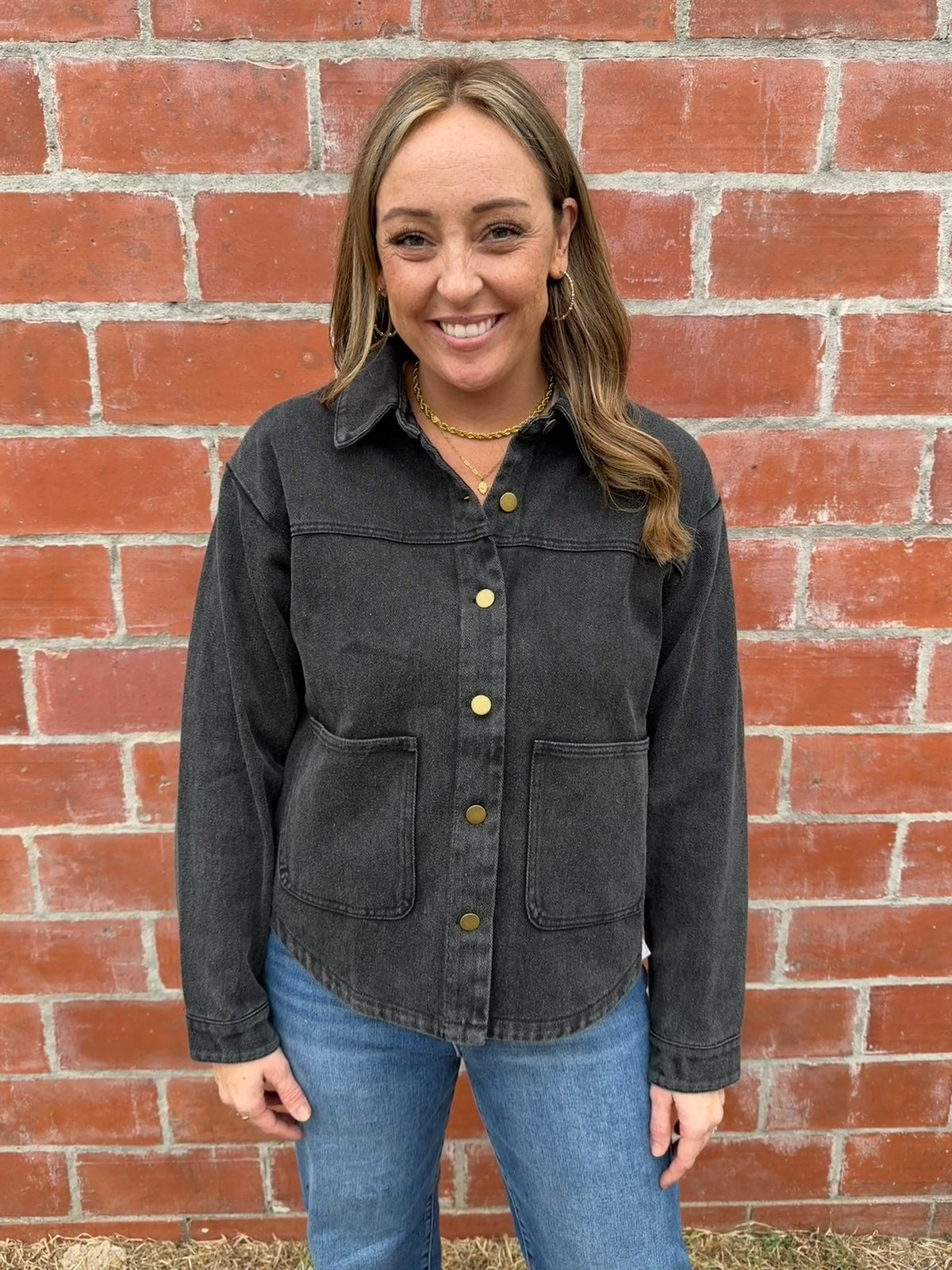 Black Denim Shacket with Gold Buttons