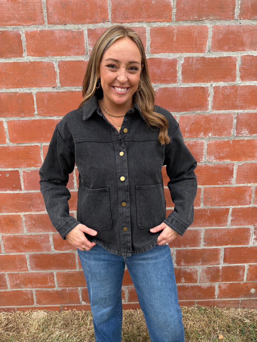 Black Denim Shacket with Gold Buttons