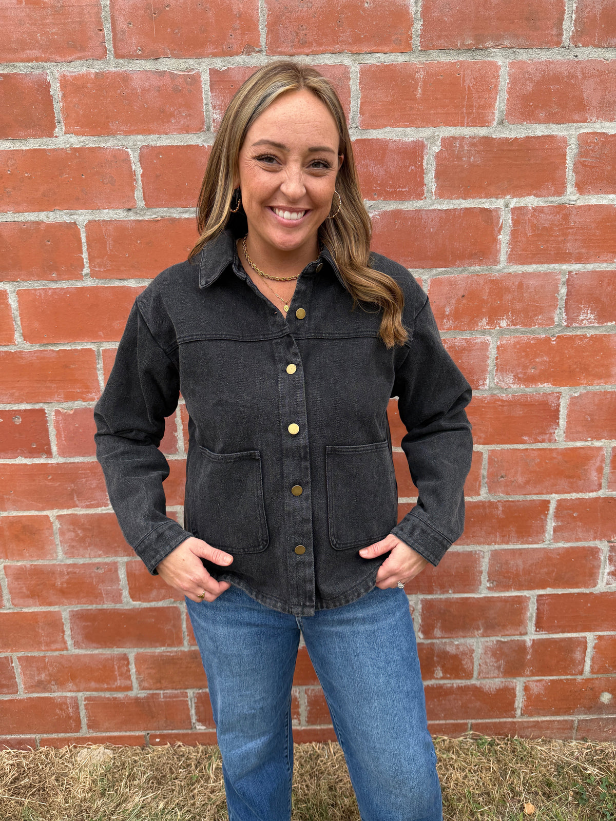 Black Denim Shacket with Gold Buttons