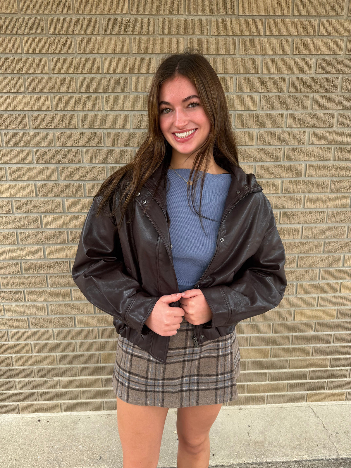Chocolate Brown Zip-Front Faux Leather Jacket