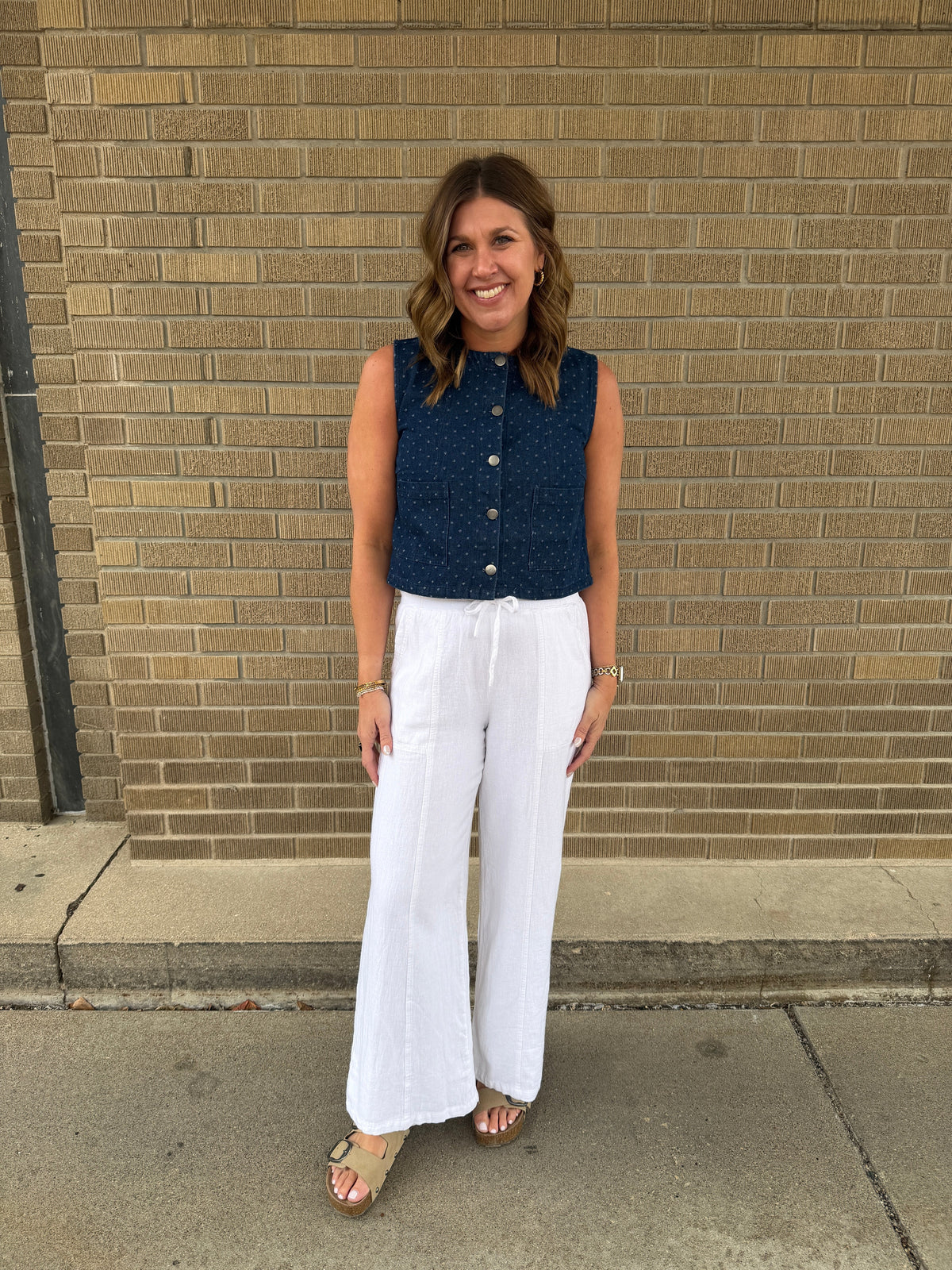Cropped Polka Dot Denim Vest - Dark Wash