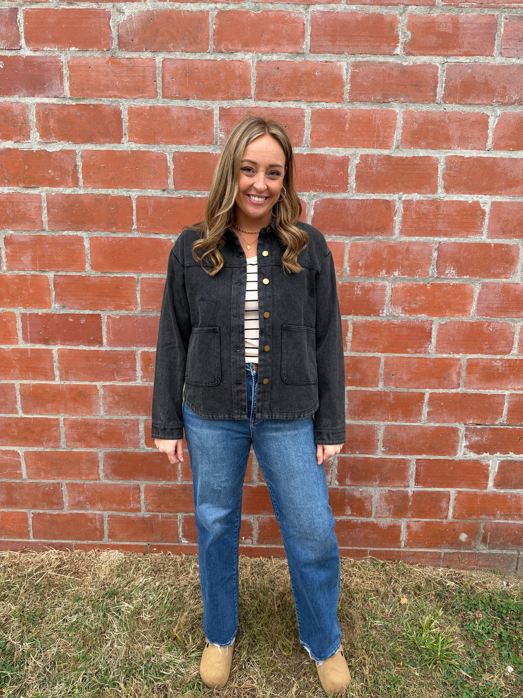 Black Denim Shacket with Gold Buttons