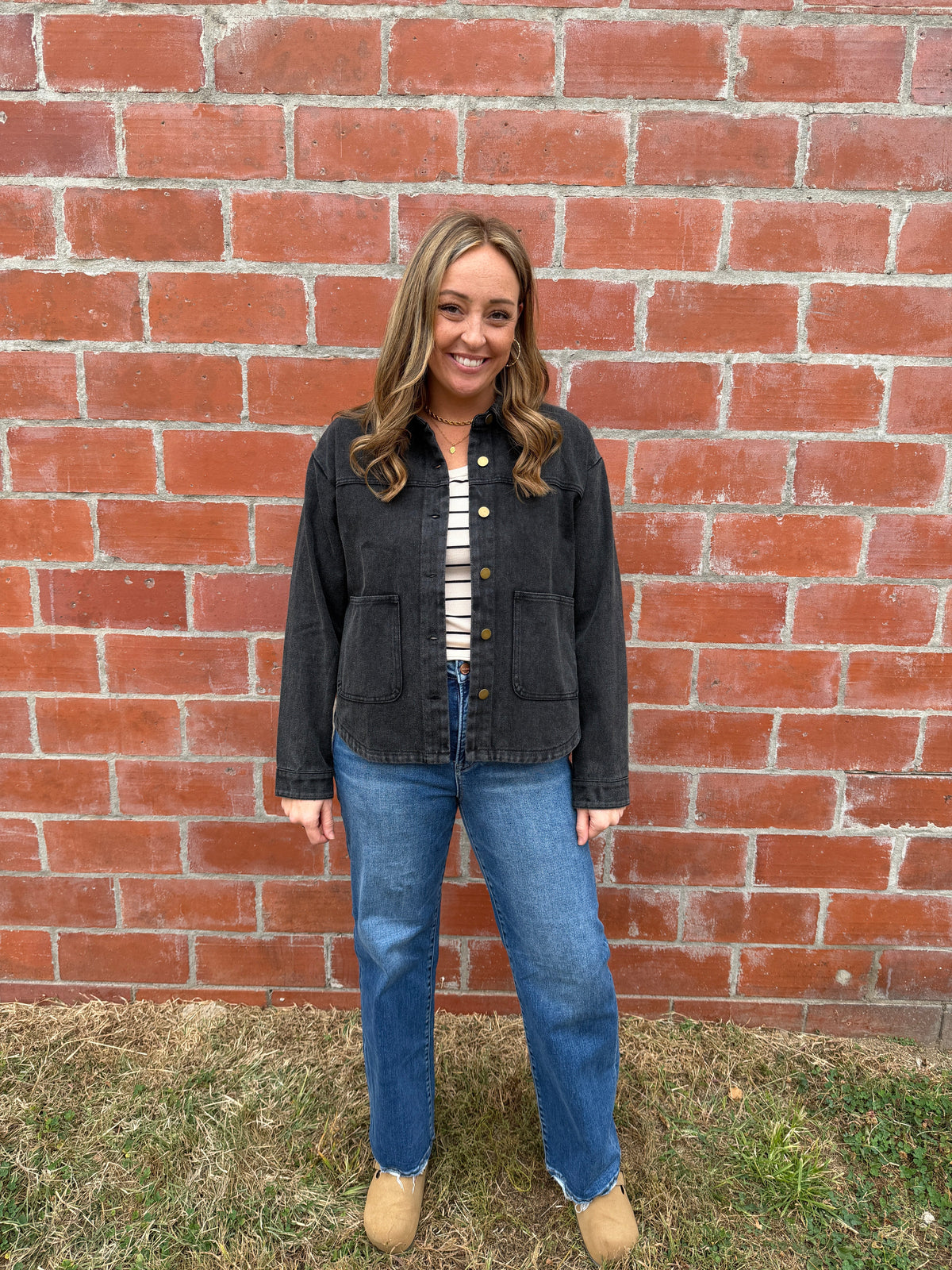 Black Denim Shacket with Gold Buttons