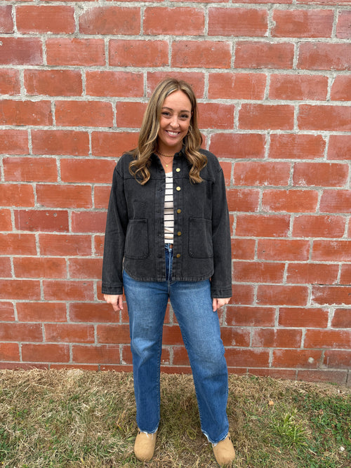 Black Denim Shacket with Gold Buttons