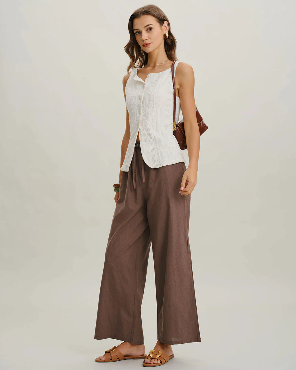 Coffee Elastic Waist Wide Leg Pants