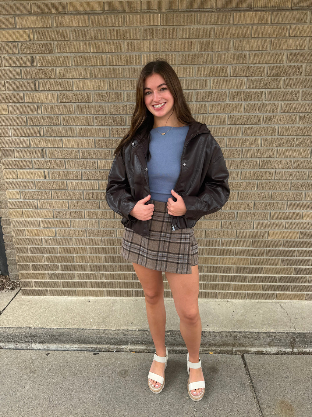 Chocolate Brown Zip-Front Faux Leather Jacket