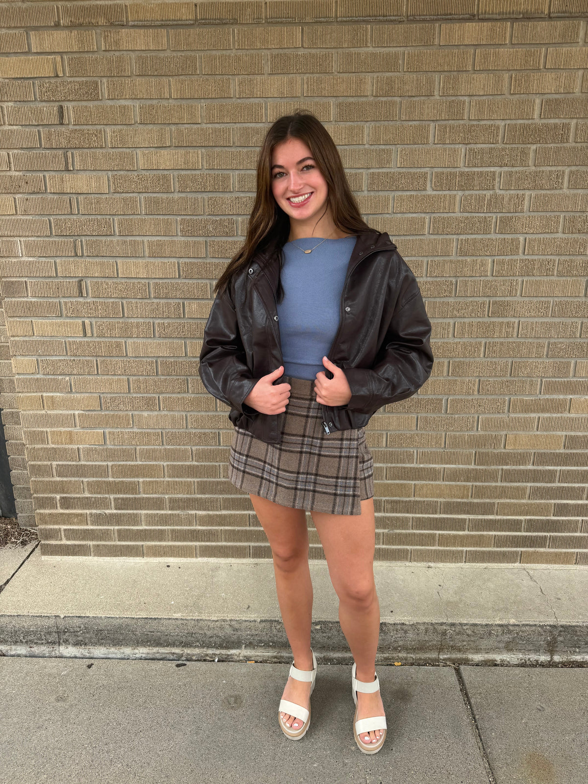 Chocolate Brown Zip-Front Faux Leather Jacket