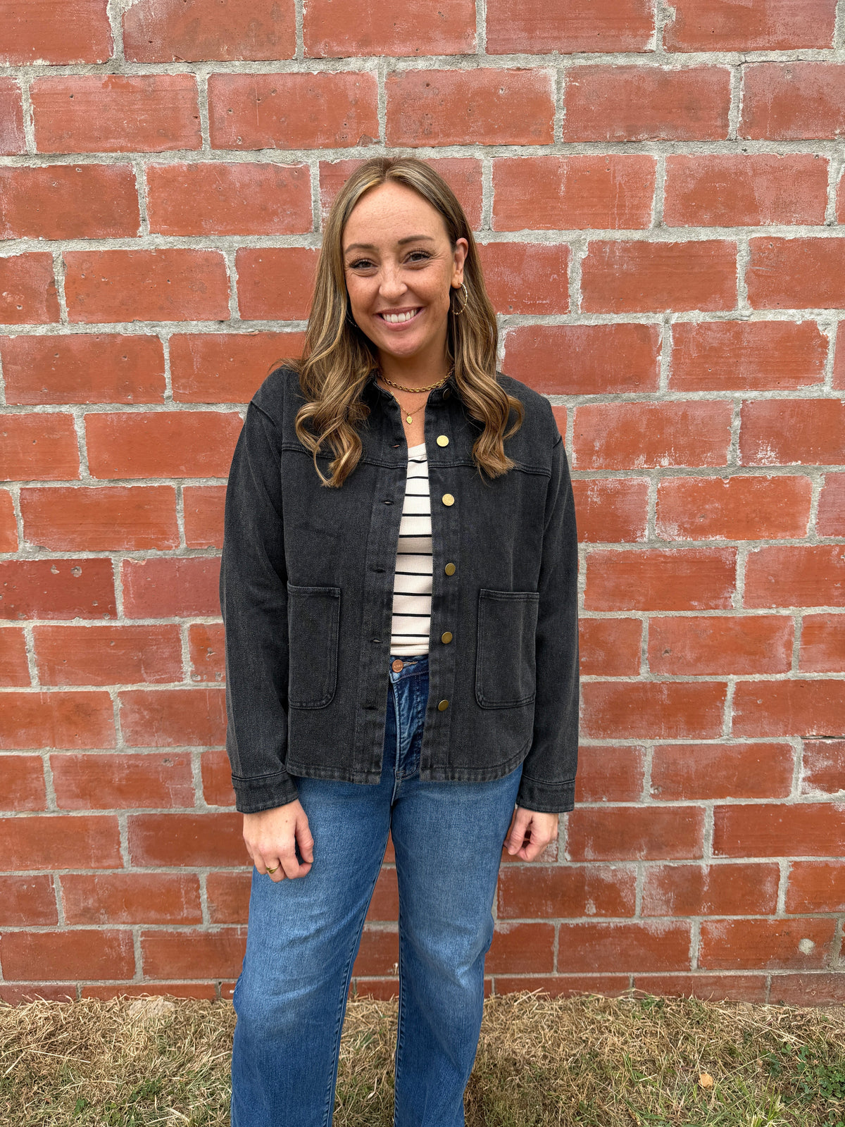 Black Denim Shacket with Gold Buttons