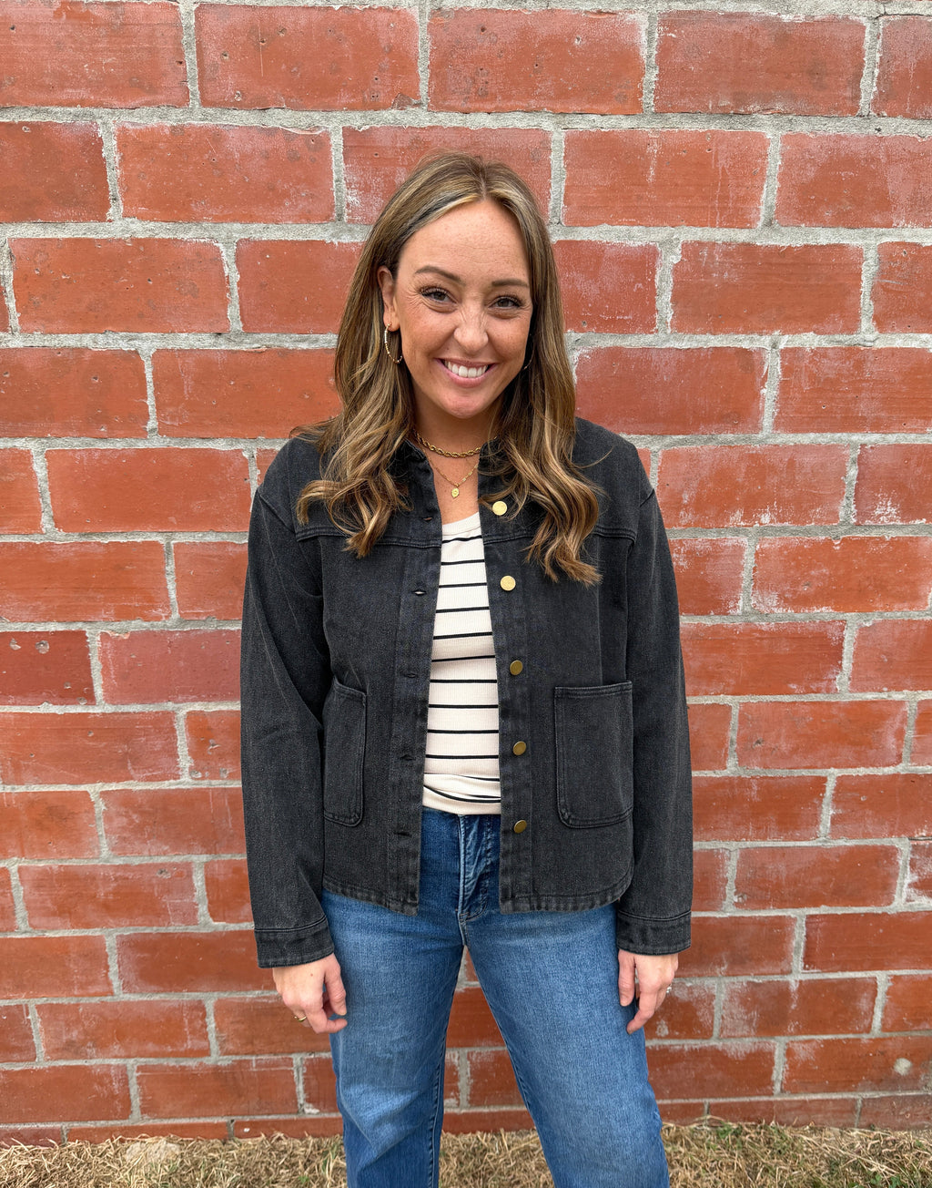 Black Denim Shacket with Gold Buttons
