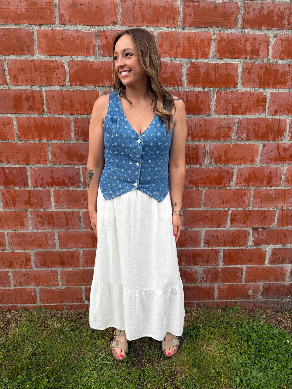 Denim Vest with White Embroidered Details