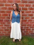 Denim Vest with White Embroidered Details
