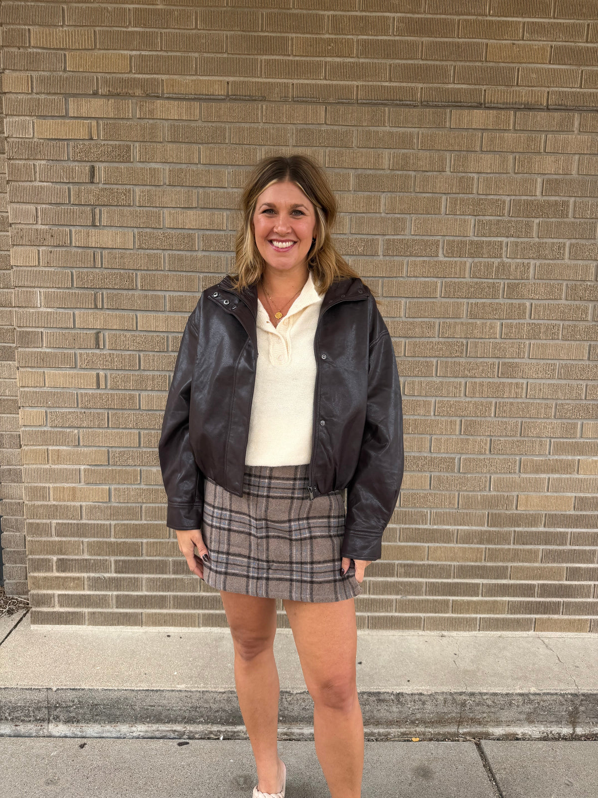 Chocolate Brown Zip-Front Faux Leather Jacket