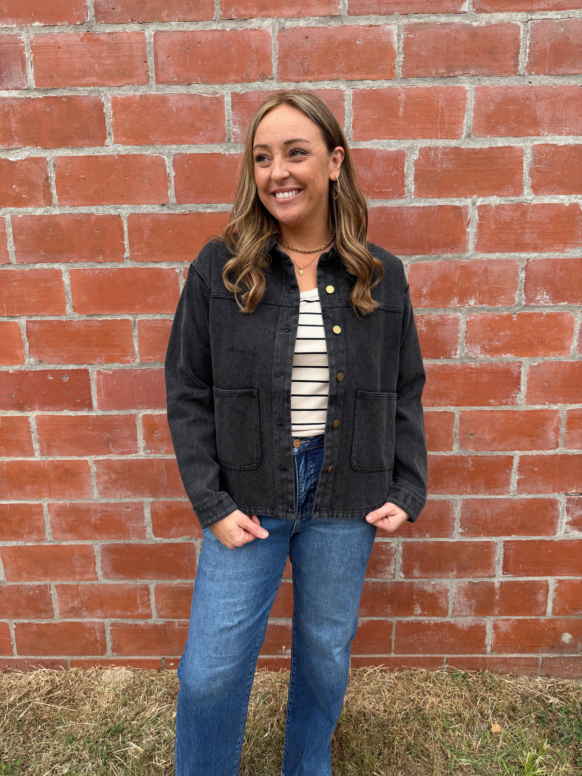 Black Denim Shacket with Gold Buttons