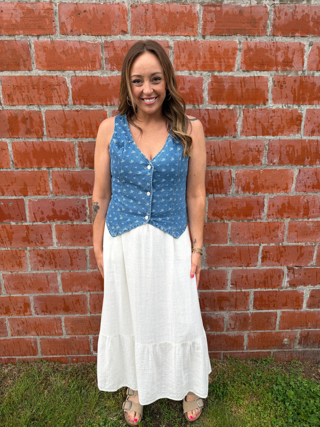 Denim Vest with White Embroidered Details