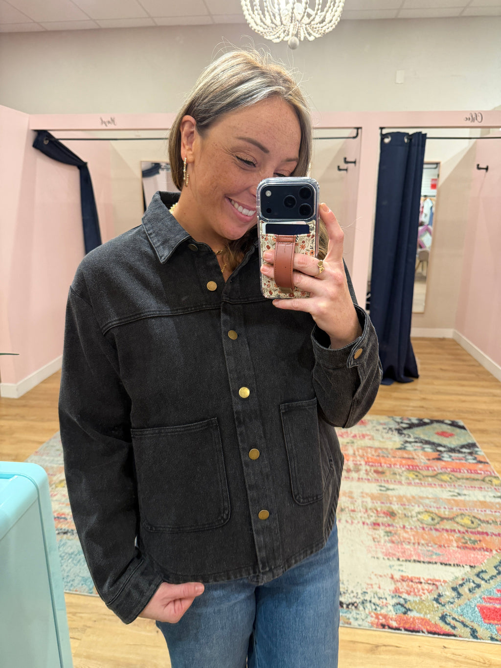 Black Denim Shacket with Gold Buttons