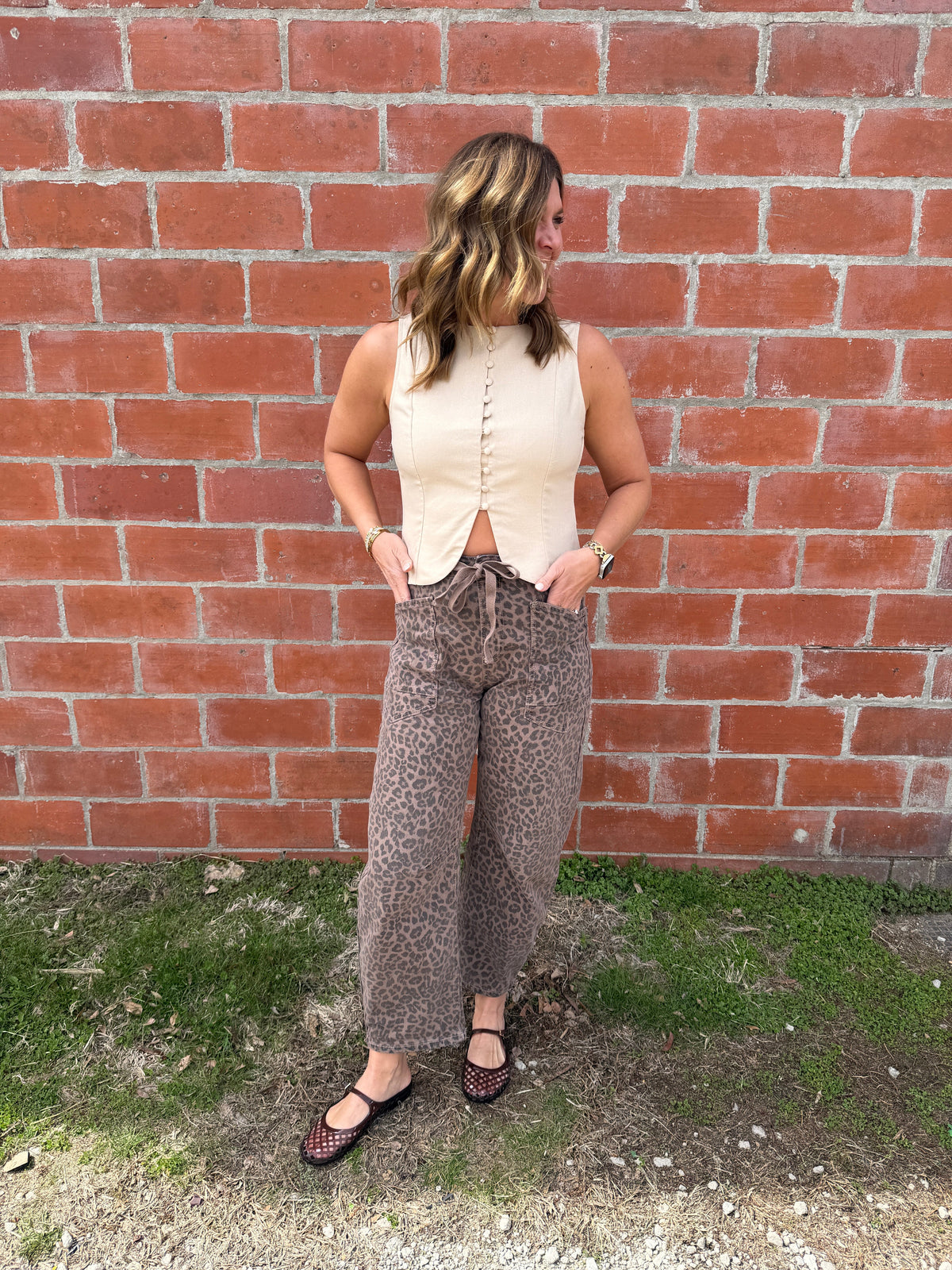 Khaki Button-Front Tank Top