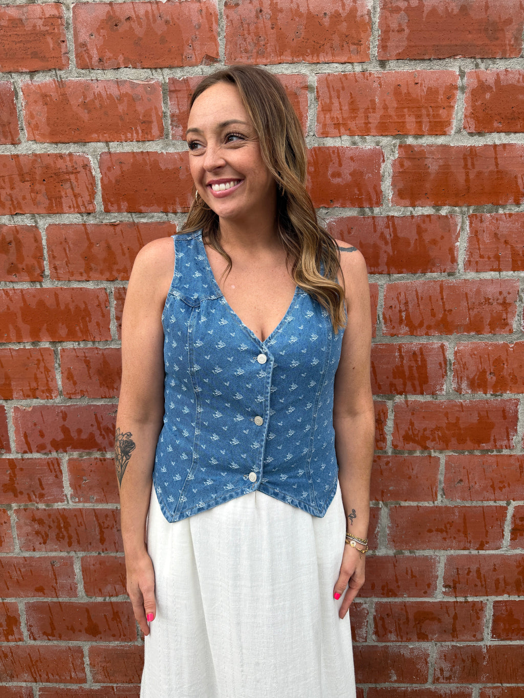 Denim Vest with White Embroidered Details