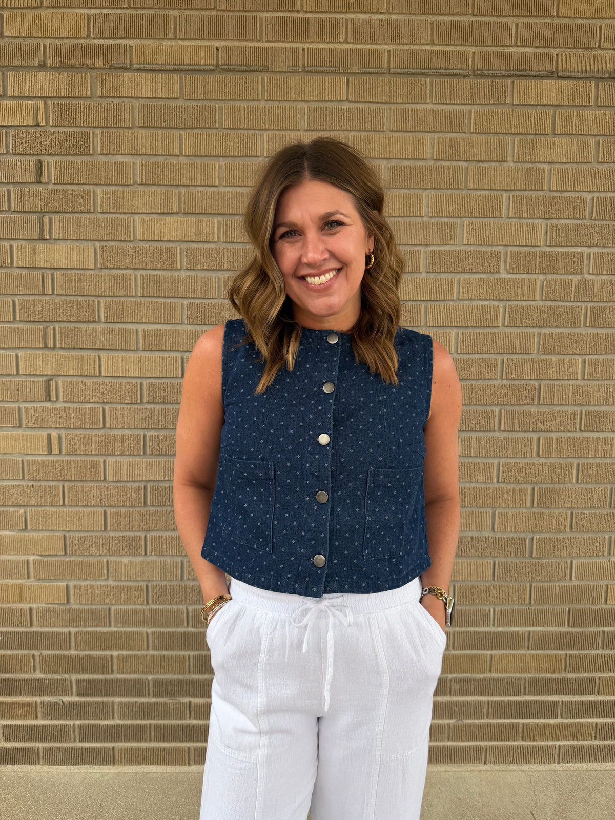 Cropped Polka Dot Denim Vest - Dark Wash