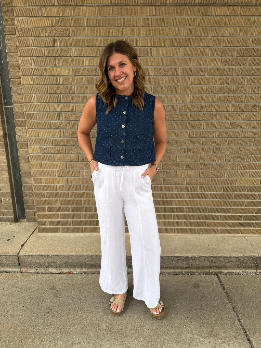 Cropped Polka Dot Denim Vest - Dark Wash