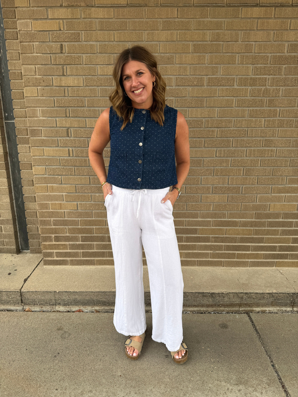 Cropped Polka Dot Denim Vest - Dark Wash