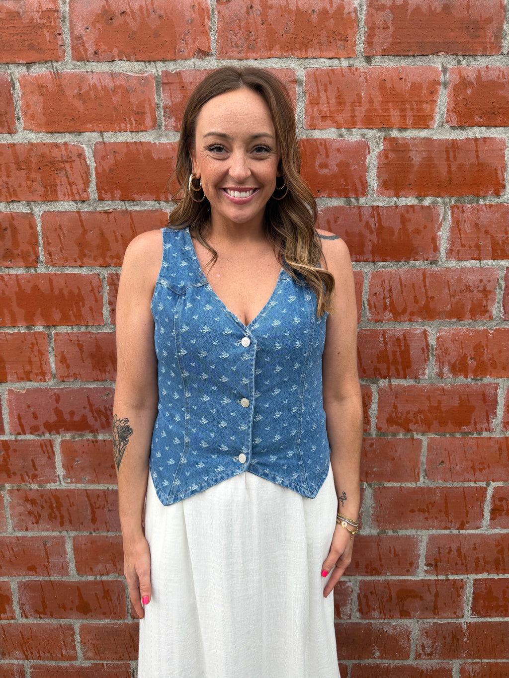 Denim Vest with White Embroidered Details