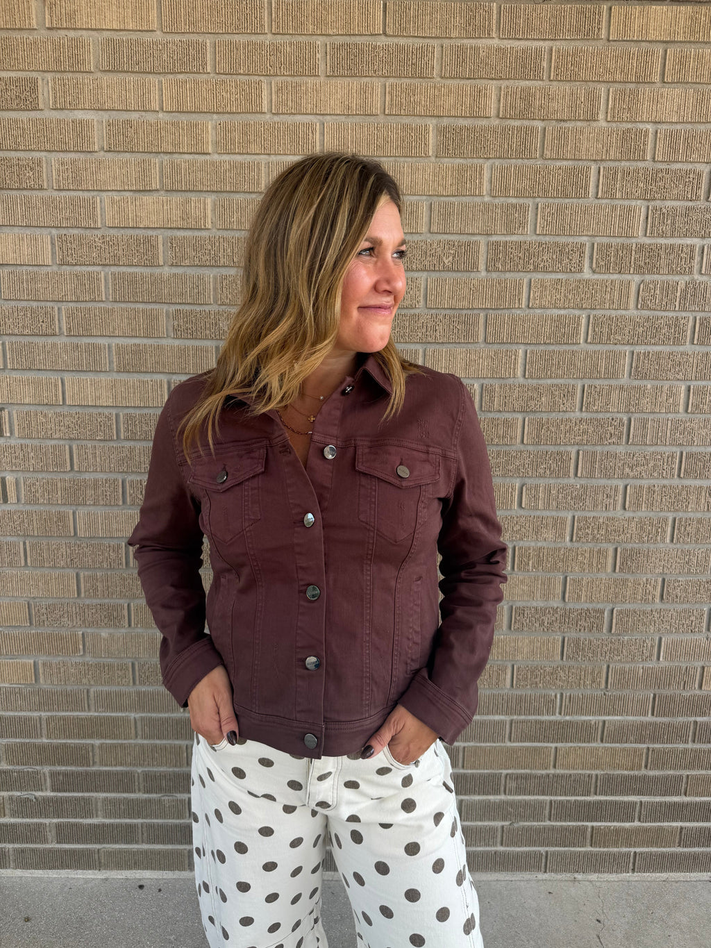 Chocolate Brown Button-Front Denim Jacket