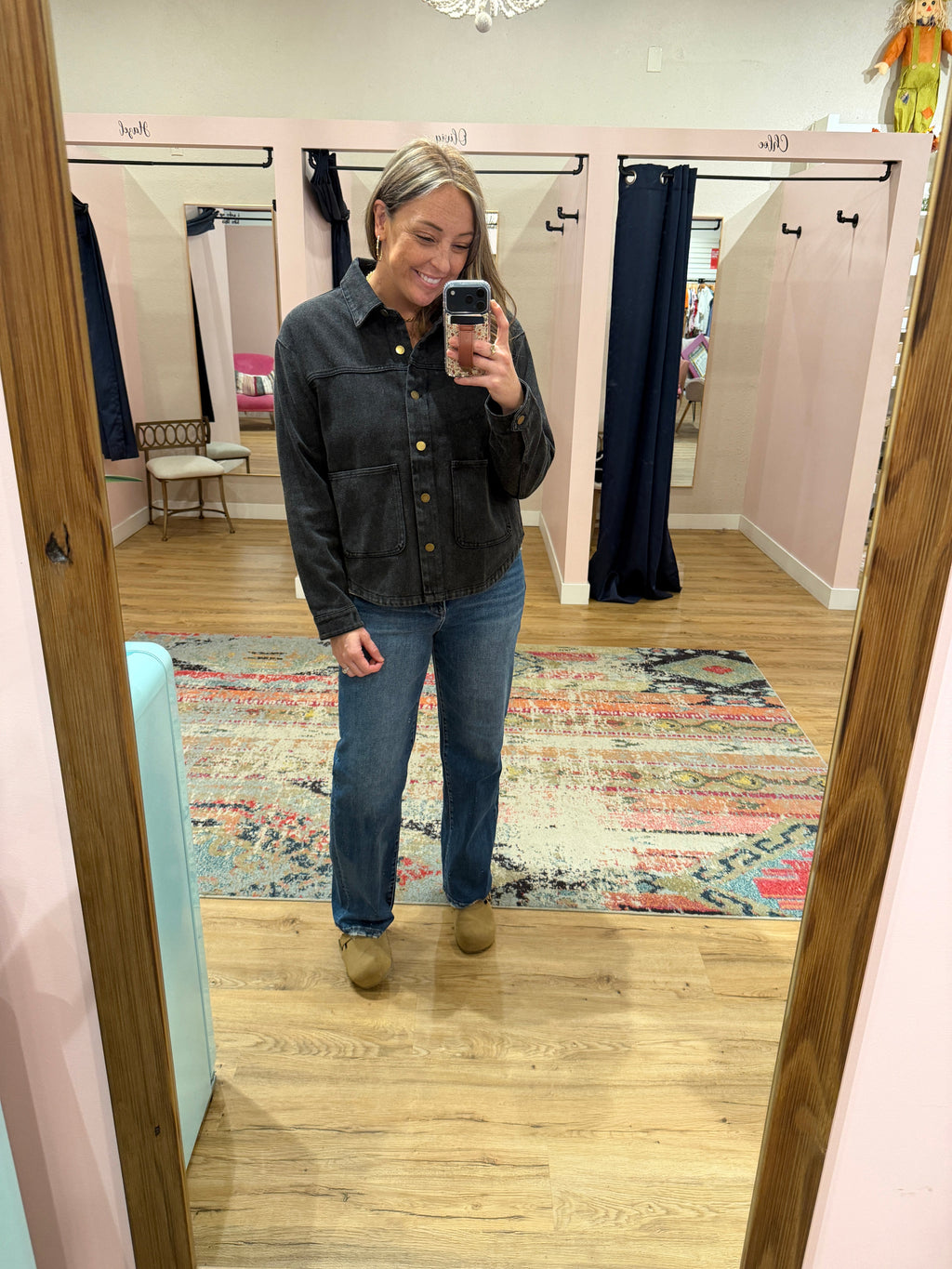 Black Denim Shacket with Gold Buttons