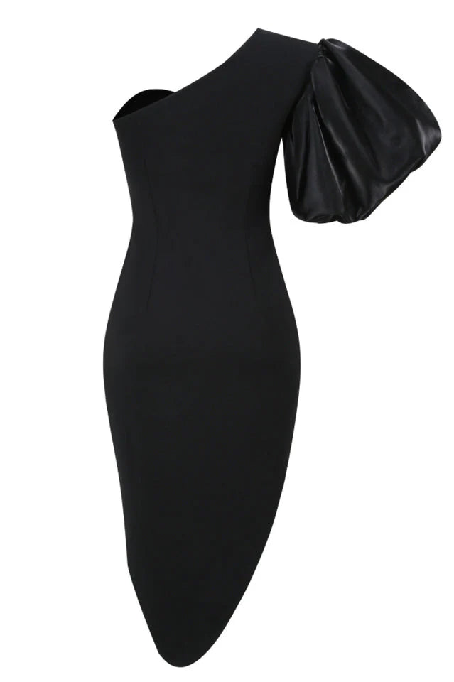Black Puff Sleeve Asymmetric Midi Dress