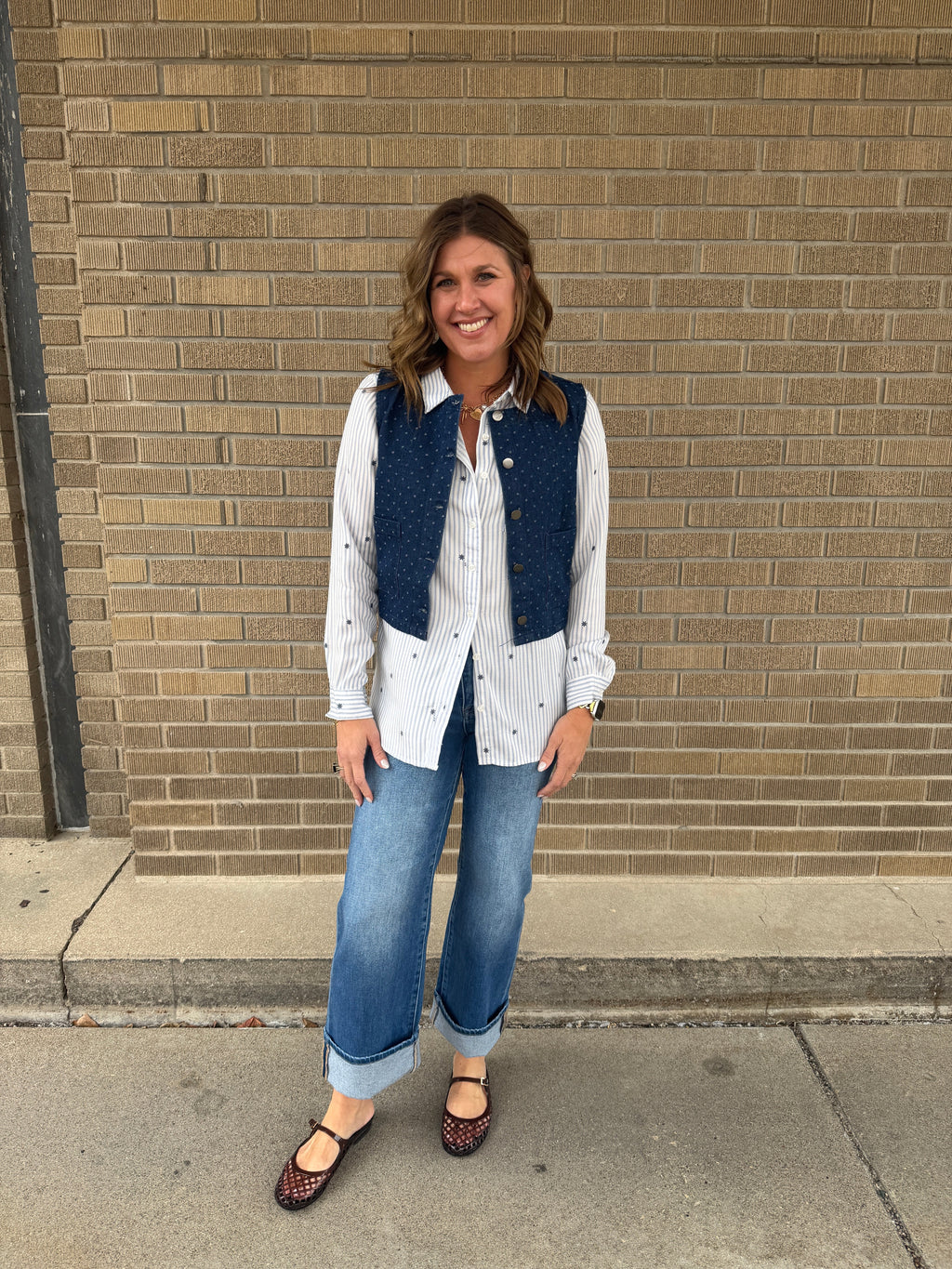 Cropped Polka Dot Denim Vest - Dark Wash