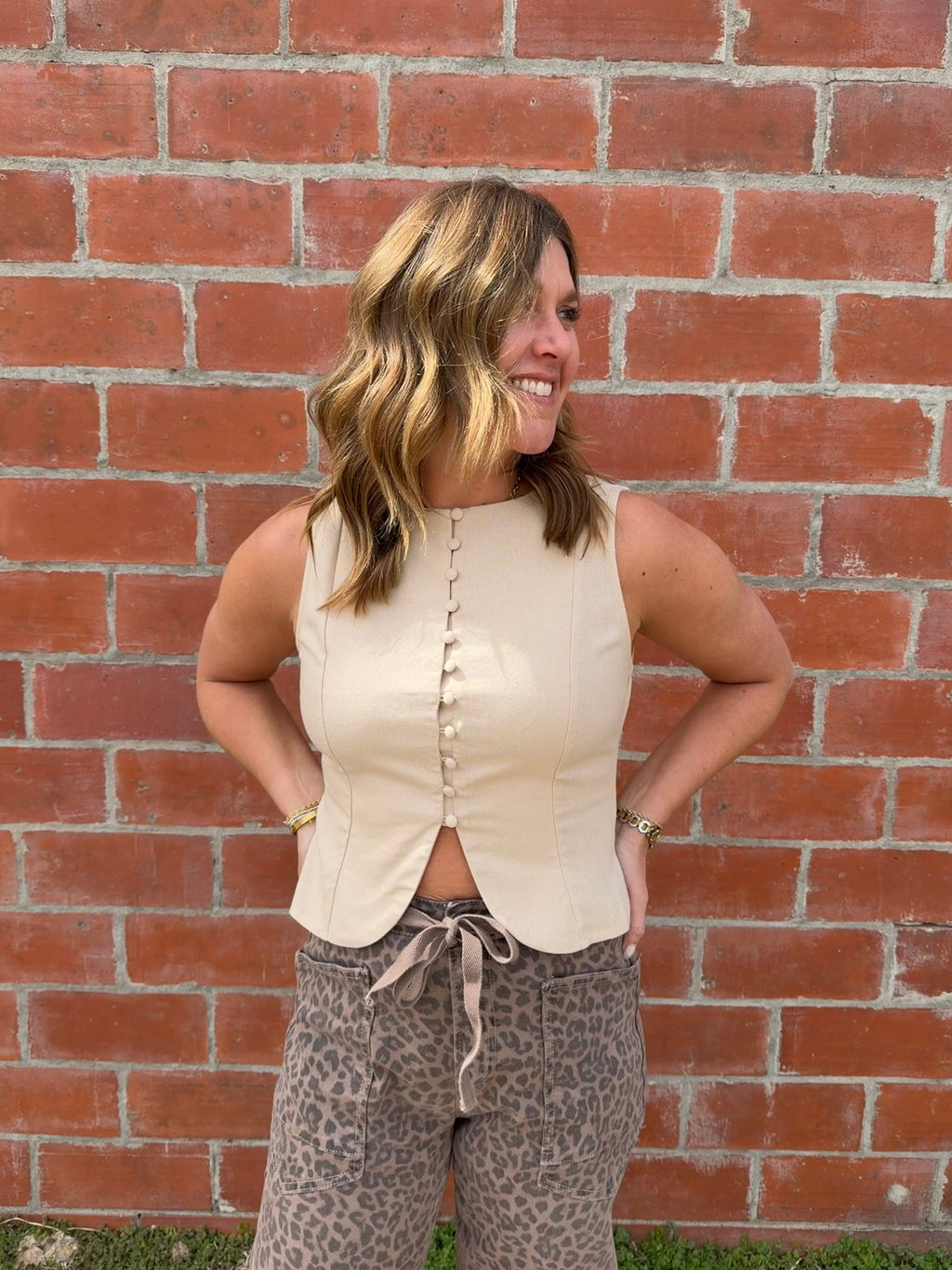 Khaki Button-Front Tank Top