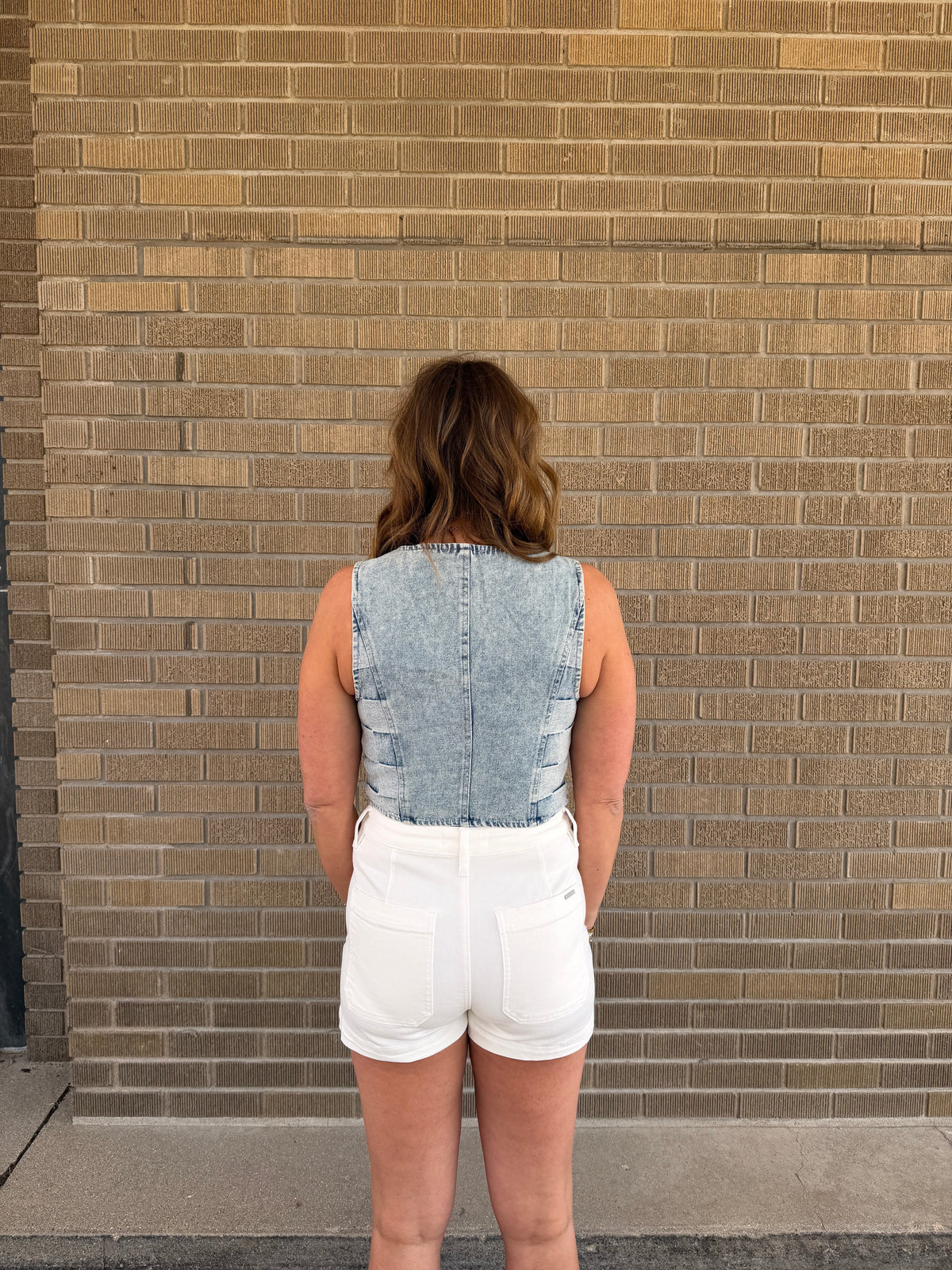 Checkered-Detail Acid-Wash Denim Vest