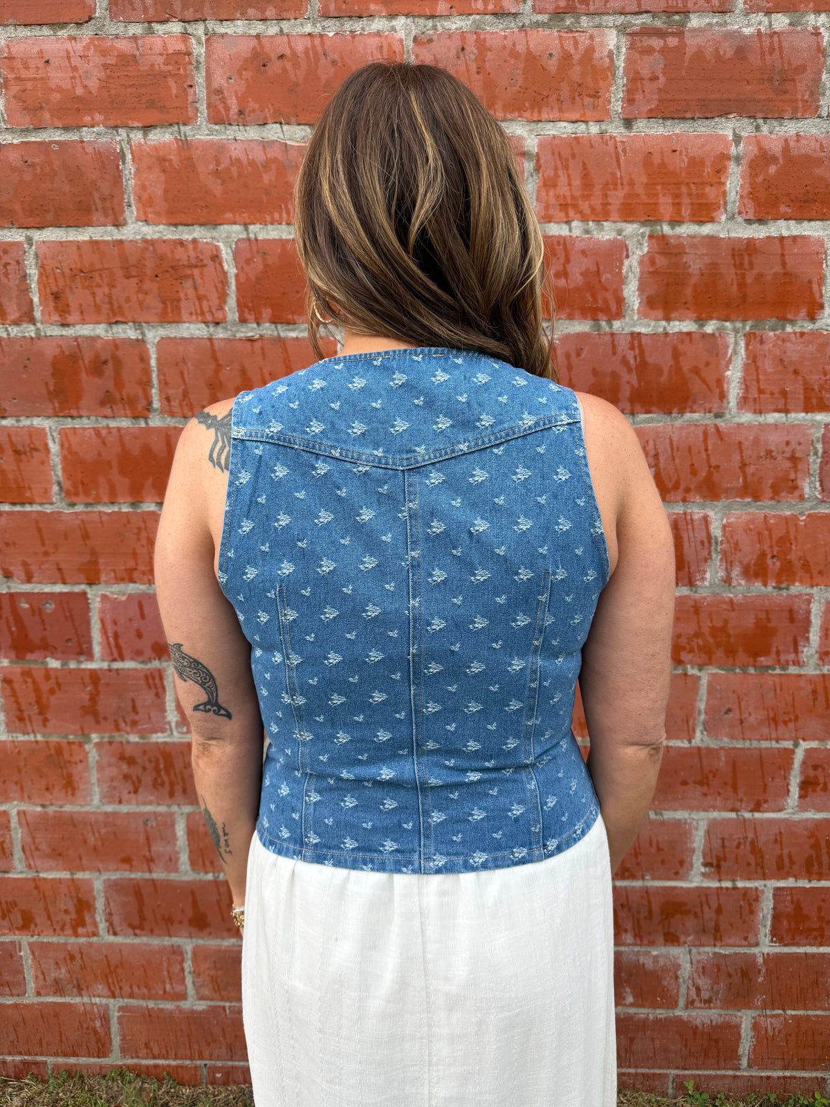 Denim Vest with White Embroidered Details