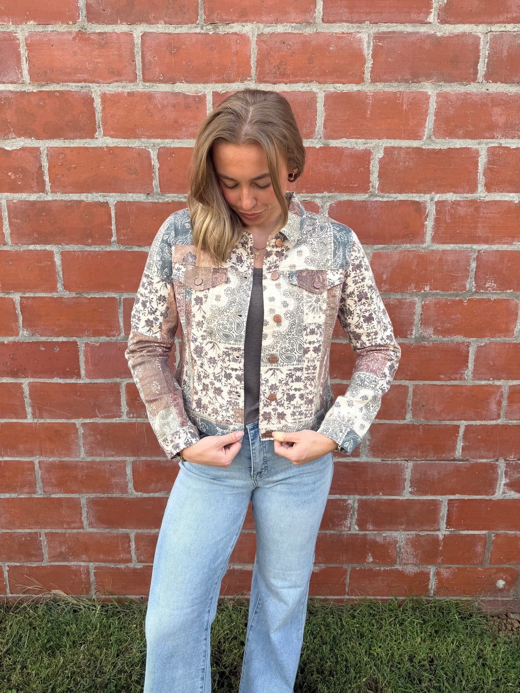 Risen Cropped Patchwork Paisley Denim Jacket