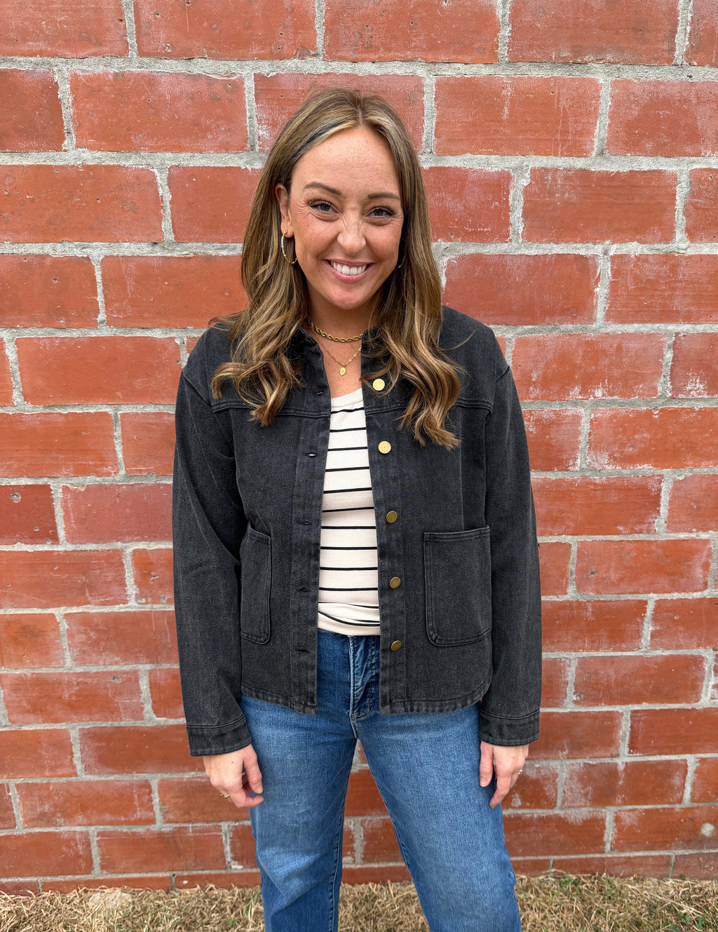 Black Denim Shacket with Gold Buttons