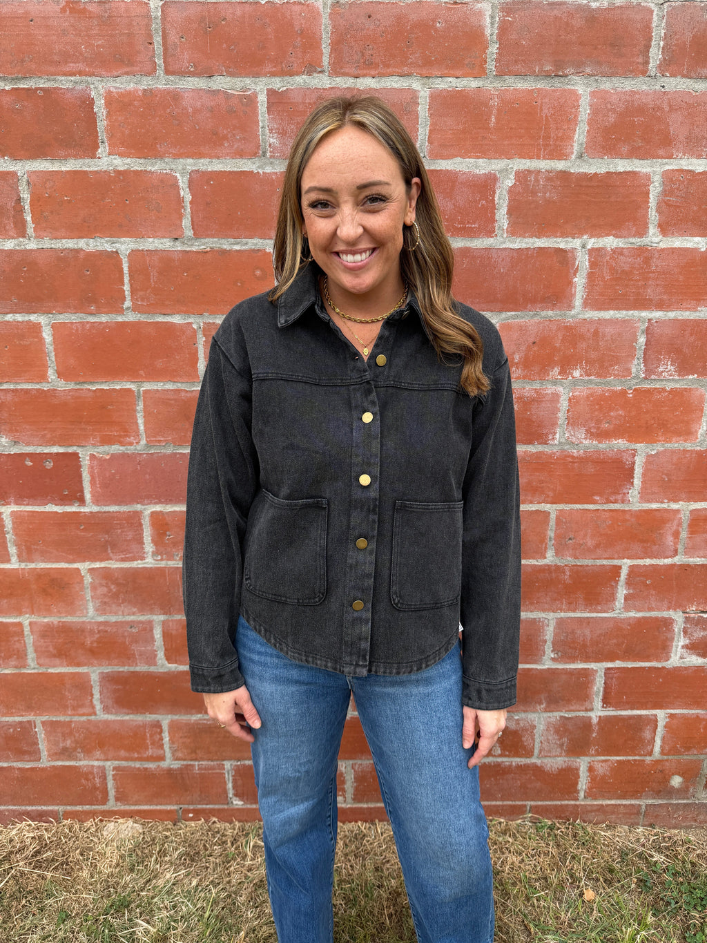 Black Denim Shacket with Gold Buttons