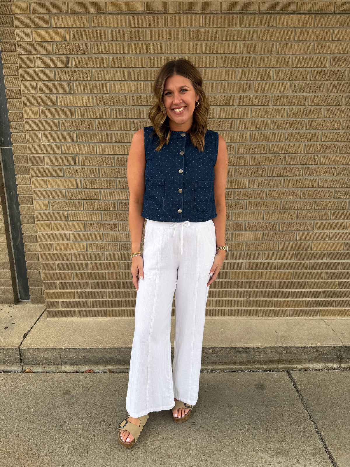 Cropped Polka Dot Denim Vest - Dark Wash