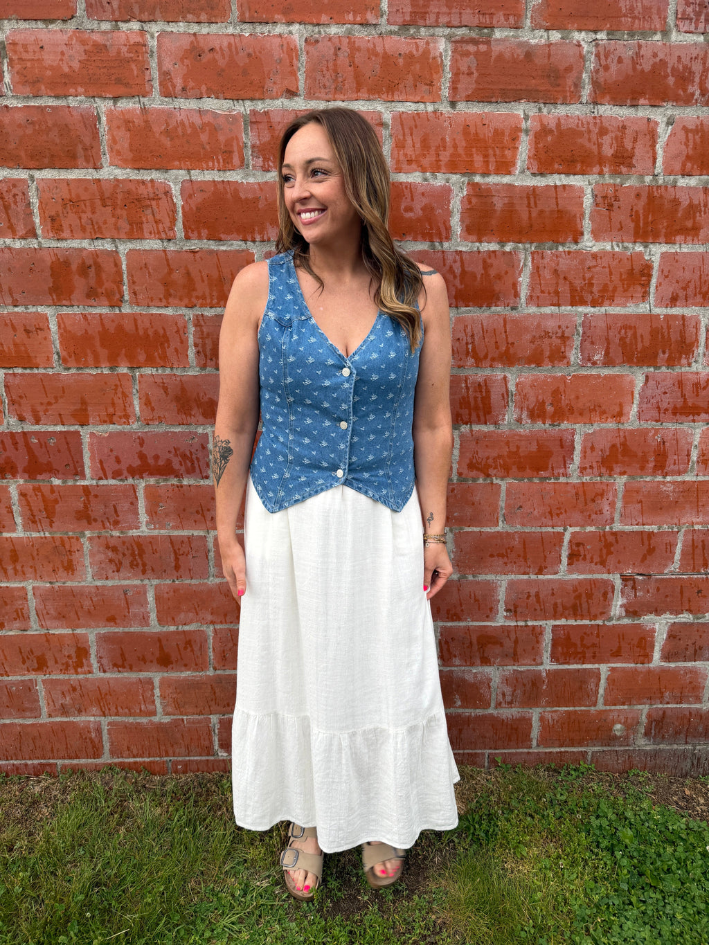Denim Vest with White Embroidered Details