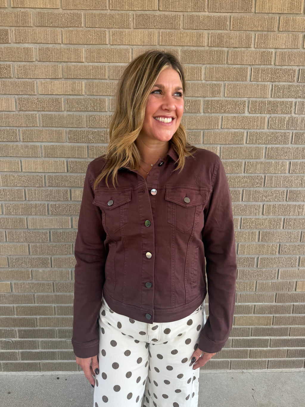 Chocolate Brown Button-Front Denim Jacket