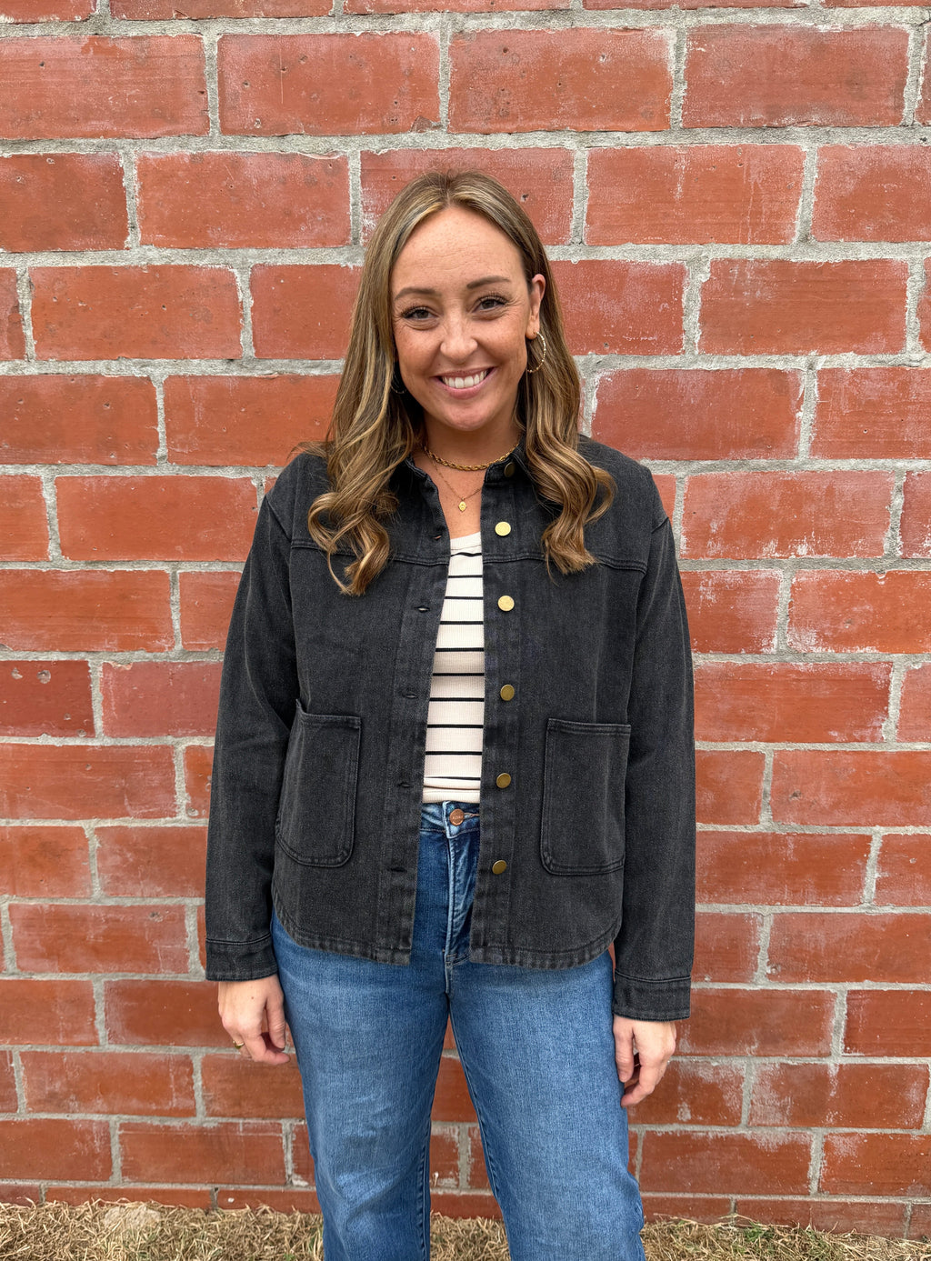 Black Denim Shacket with Gold Buttons