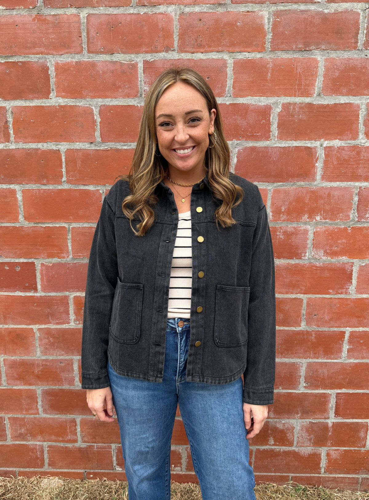Black Denim Shacket with Gold Buttons