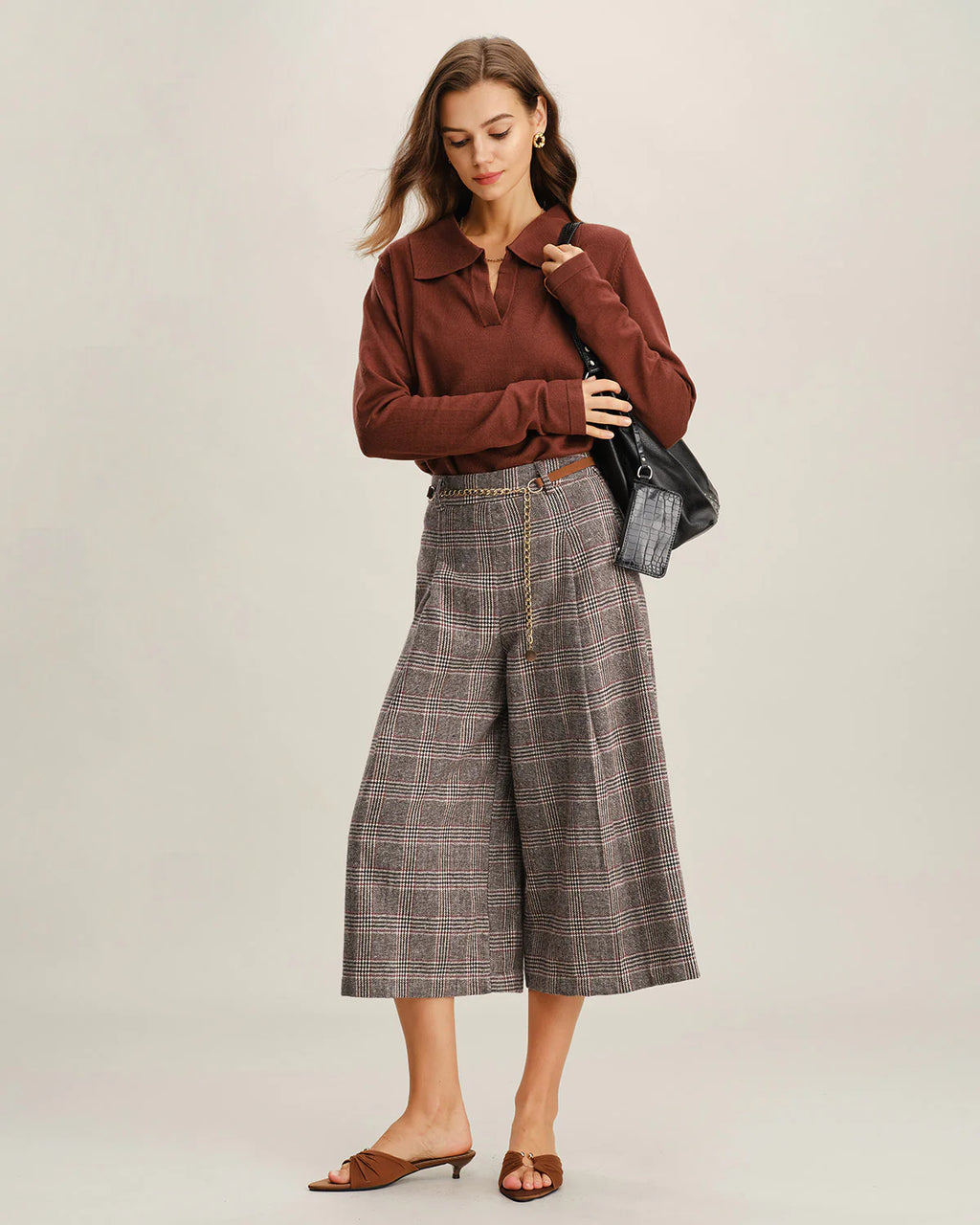 Khaki Plaid Wide Leg Pants