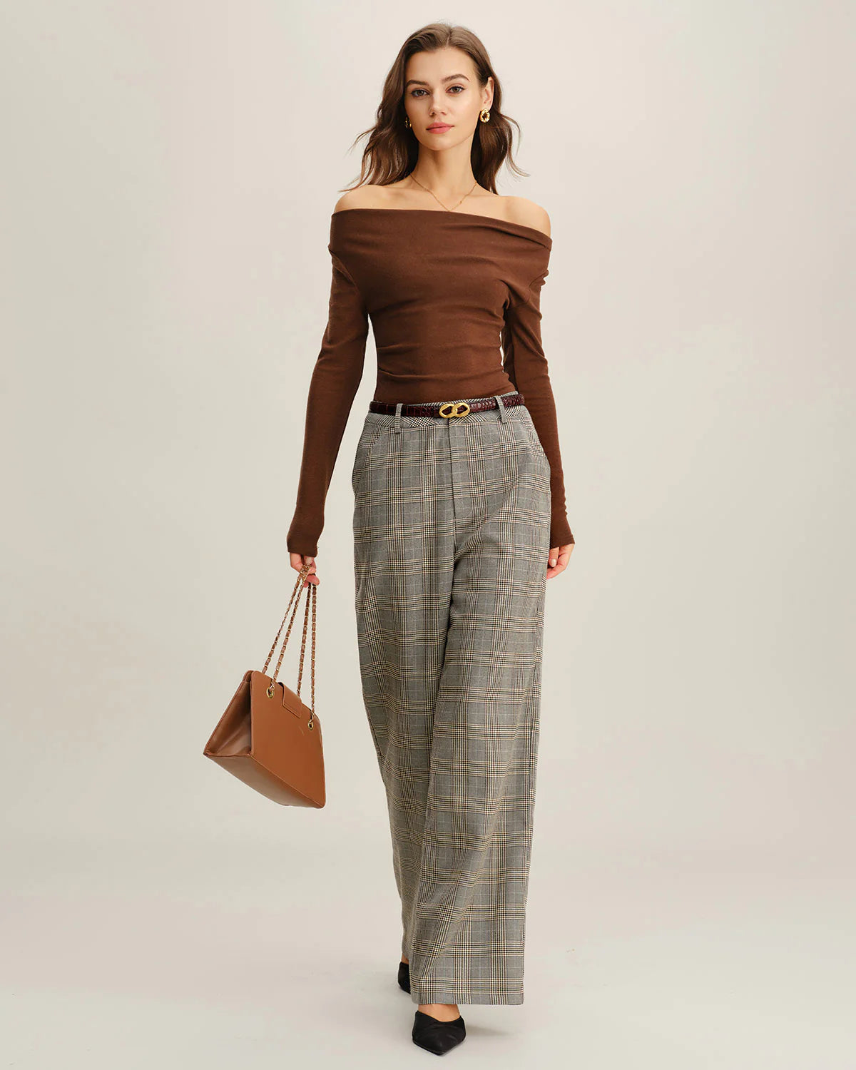 Khaki Plaid Straight Casual Pants