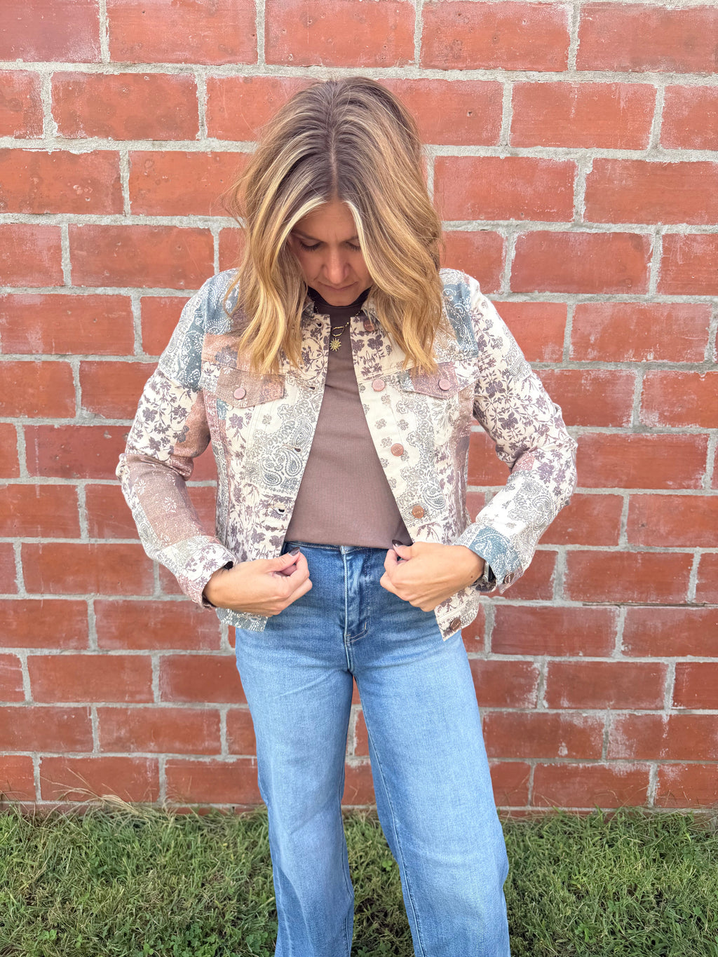 Risen Cropped Patchwork Paisley Denim Jacket